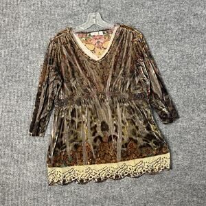 Cato Multicolor Velvet Blouse with Lace Trim